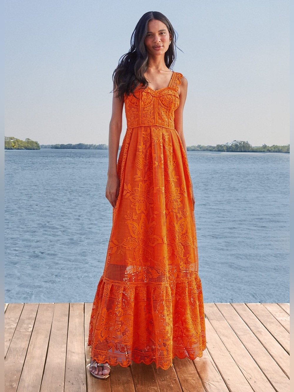FARM Rio Guipure Lace Madi Dress in Orange, Size Small